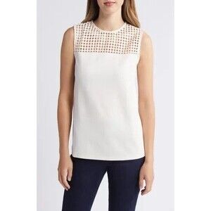 Anne Klein Women's Serenity-Knit Lace-Yoke Sleeveless Top Off white S